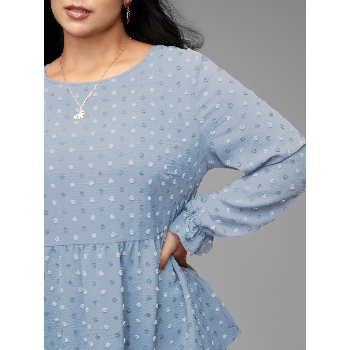 Plus Size LightBlue Textured Dot Elastic Cuffs A-line Blouse Women Casual Long Sleeve Round Neck Everyday Blouses BloomChic 28/5X Product Image