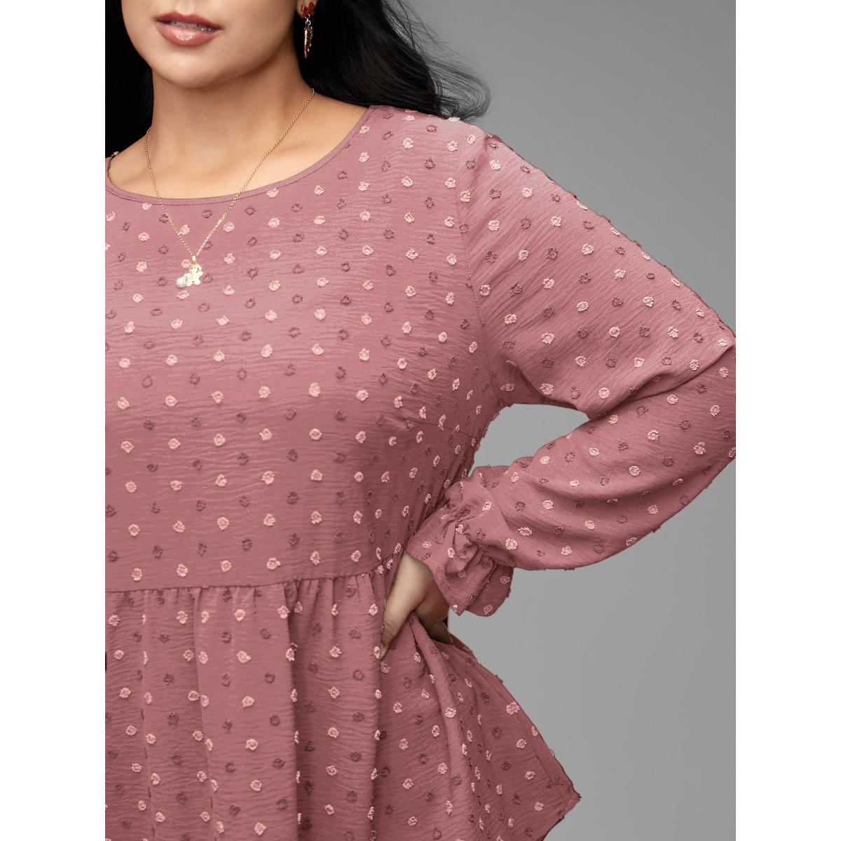Plus Size Rouge Textured Dot Elastic Cuffs A-line Blouse Women Casual Long Sleeve Round Neck Everyday Blouses BloomChic 14-16/1X Product Image