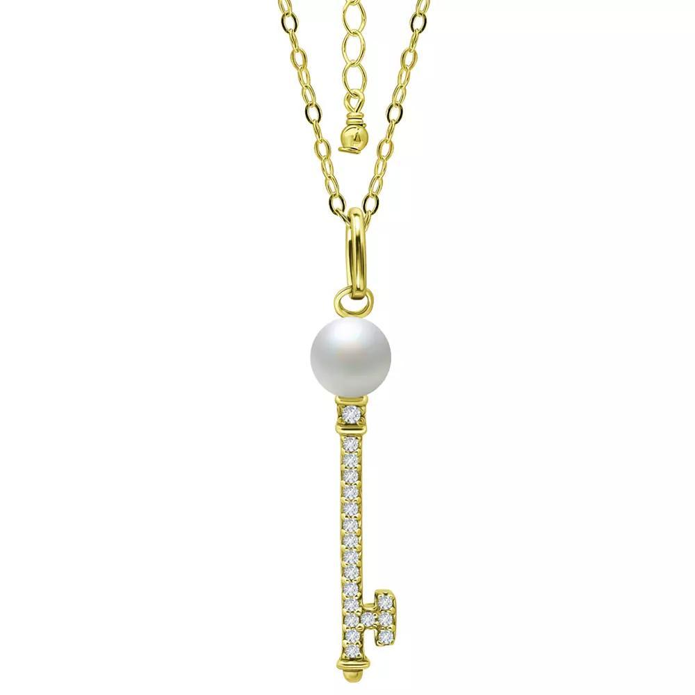 Aleure Precioso Sterling Silver Cubic Zirconia Key Pendant with Freshwater Cultured Pearl Top, Women's, Size: 18", Gold Tone Product Image