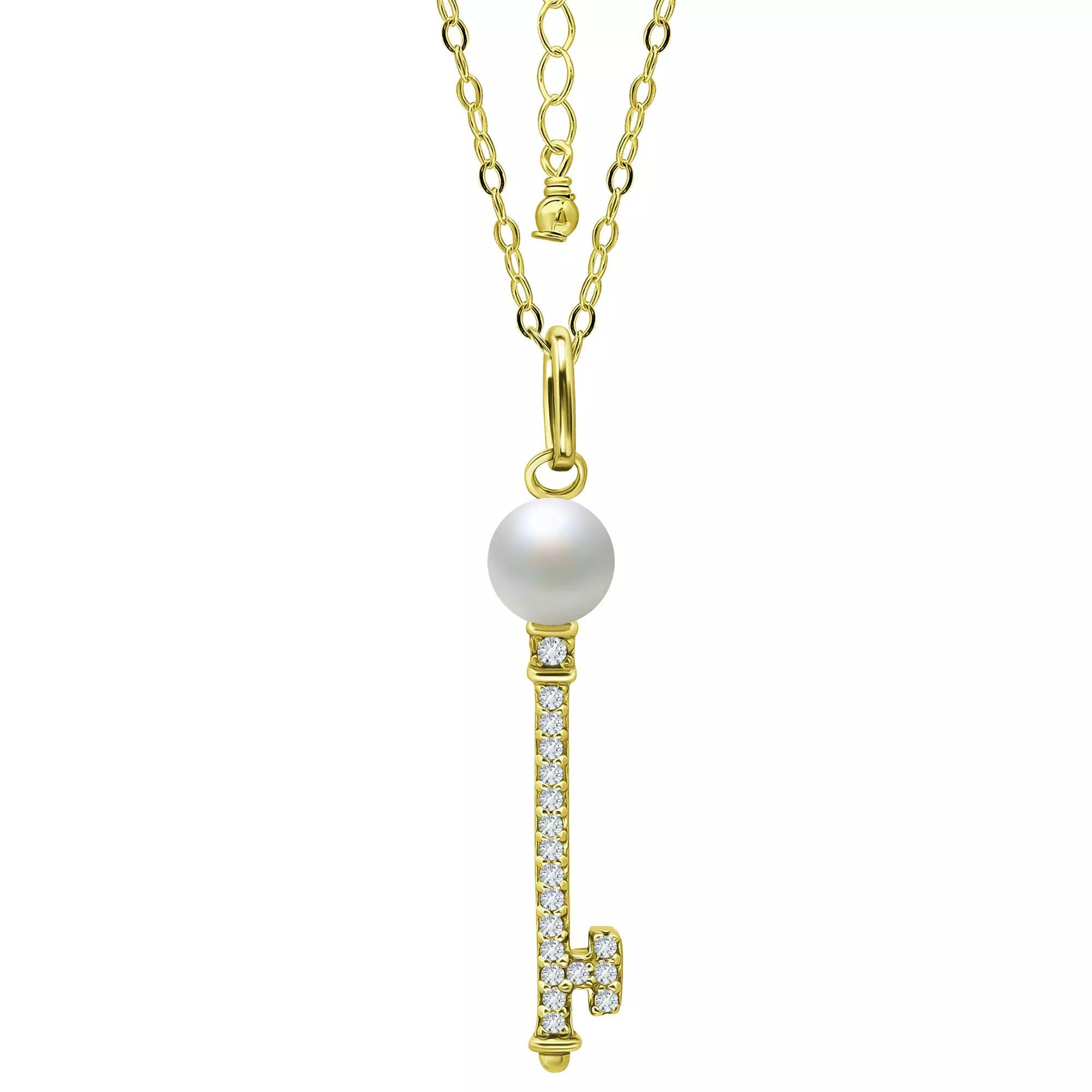 Aleure Precioso Sterling Silver Cubic Zirconia Key Pendant with Freshwater Cultured Pearl Top, Women's, Size: 18", Gold Tone Product Image
