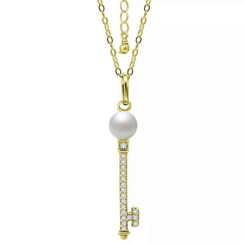 Aleure Precioso Sterling Silver Cubic Zirconia Key Pendant with Freshwater Cultured Pearl Top, Women's, Size: 18", Gold Tone Product Image