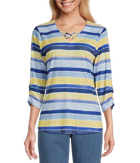 Allison Daley Stripe Print 3/4 Ruched Sleeve Criss Cross V-Neck Knit Top Product Image