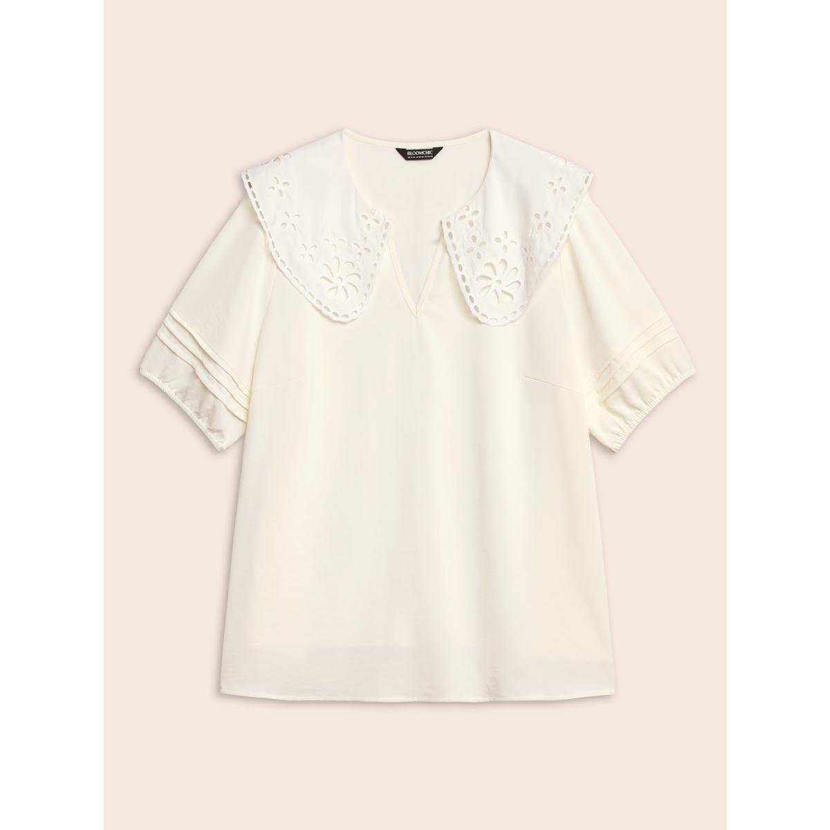 Plus Size Ivory Lace Collar Lantern Sleeve Pleated Blouse Women Resort Short sleeve Lace collar Vacation Blouses BloomChic 22-24/3X Product Image