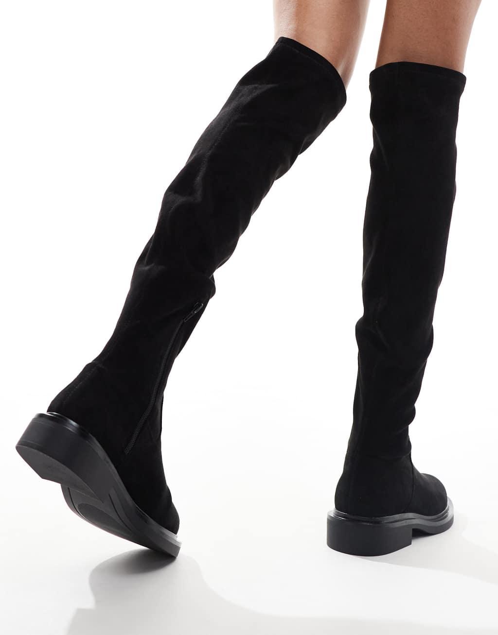 ASOS DESIGN Kaylee smart flat over-the-knee boots in black Product Image