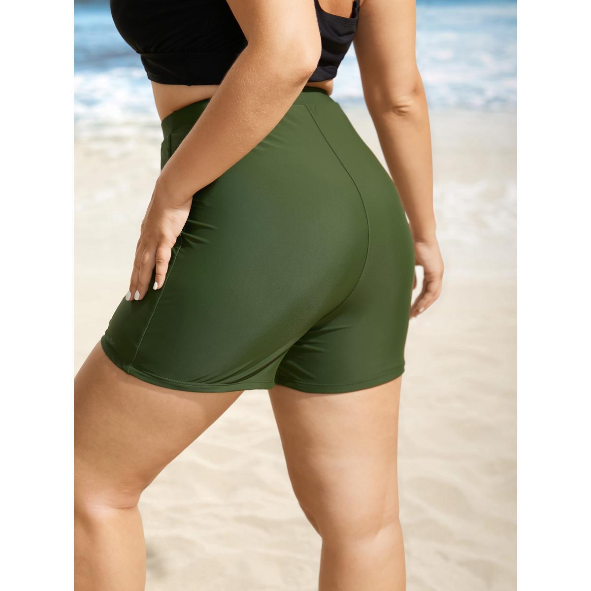 Plus Size Plain Elastic Waist Swim Shorts Women's Swimwear Moss Beach Non High stretch Skinny High Rise Curve Swim Bottoms BloomChic 10/M Product Image