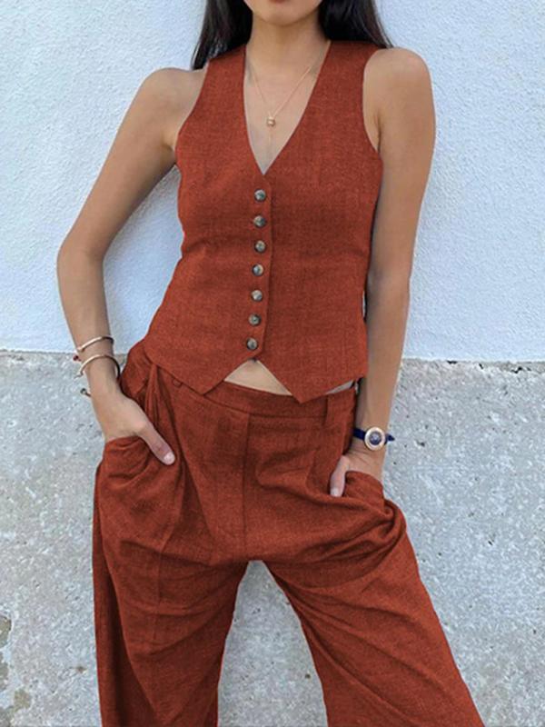 Solid Color  Sleeveless Buttoned Deep V-Neck Vest Top + Pleated Straight Leg Pants Bottom Two Pieces Set Product Image