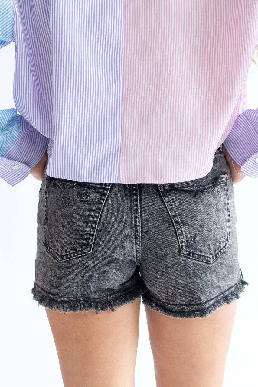 Black Washed High Rise Frayed Denim Shorts Product Image