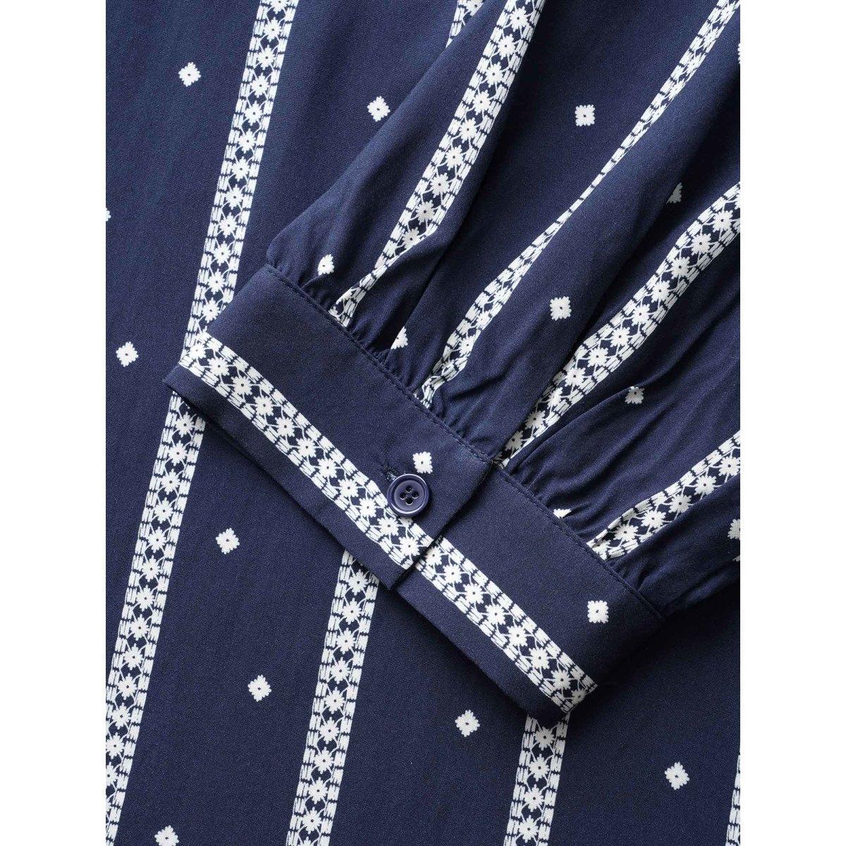 Plus Size Indigo Striped Geometric Notched Gathered Blouse Women Resort Elbow-length sleeve Notched collar Vacation Blouses BloomChic 30/6X Product Image