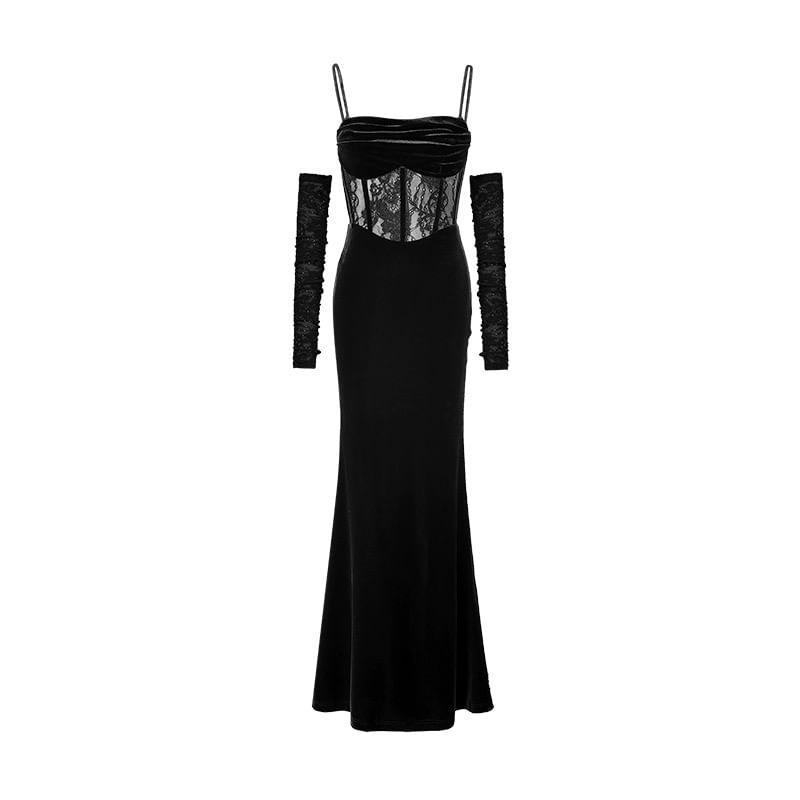 Spaghetti Strap Velvet Panel Lace Bodycon Dress with Arm Sleeves (Various Designs) Product Image