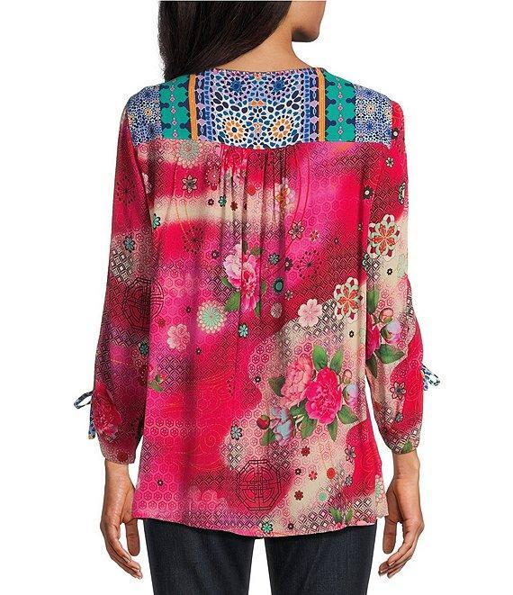 John Mark Woven Printed Split Round Neck 3/4 Sleeve Tassel Tie Tunic Product Image
