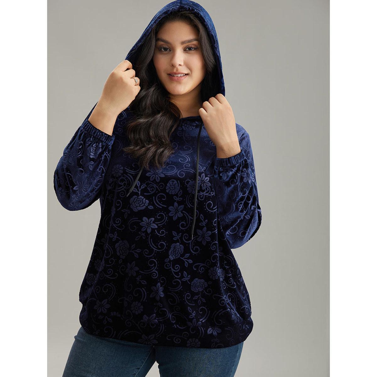 Plus Size Velvet Solid Floral Hooded Drawstring Sweatshirt Women Navy Elegant Elastic cuffs Hooded Dailywear Sweatshirts BloomChic 12/L Product Image