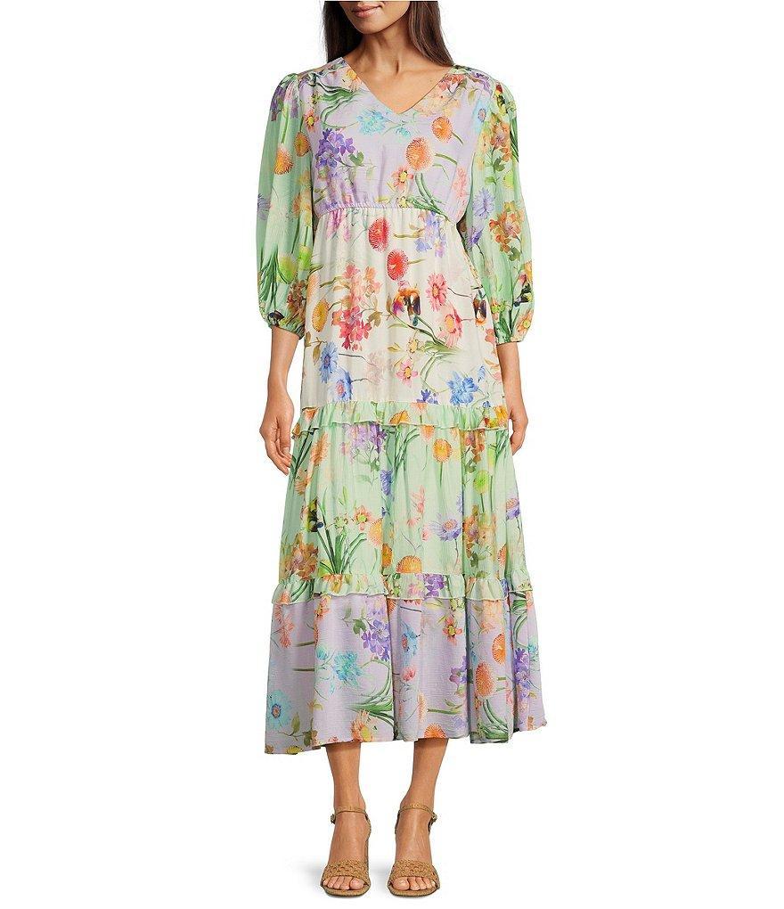 Calessa Vintage Floral V-Neck Wrist Sleeve Tiered Midi Dress Product Image