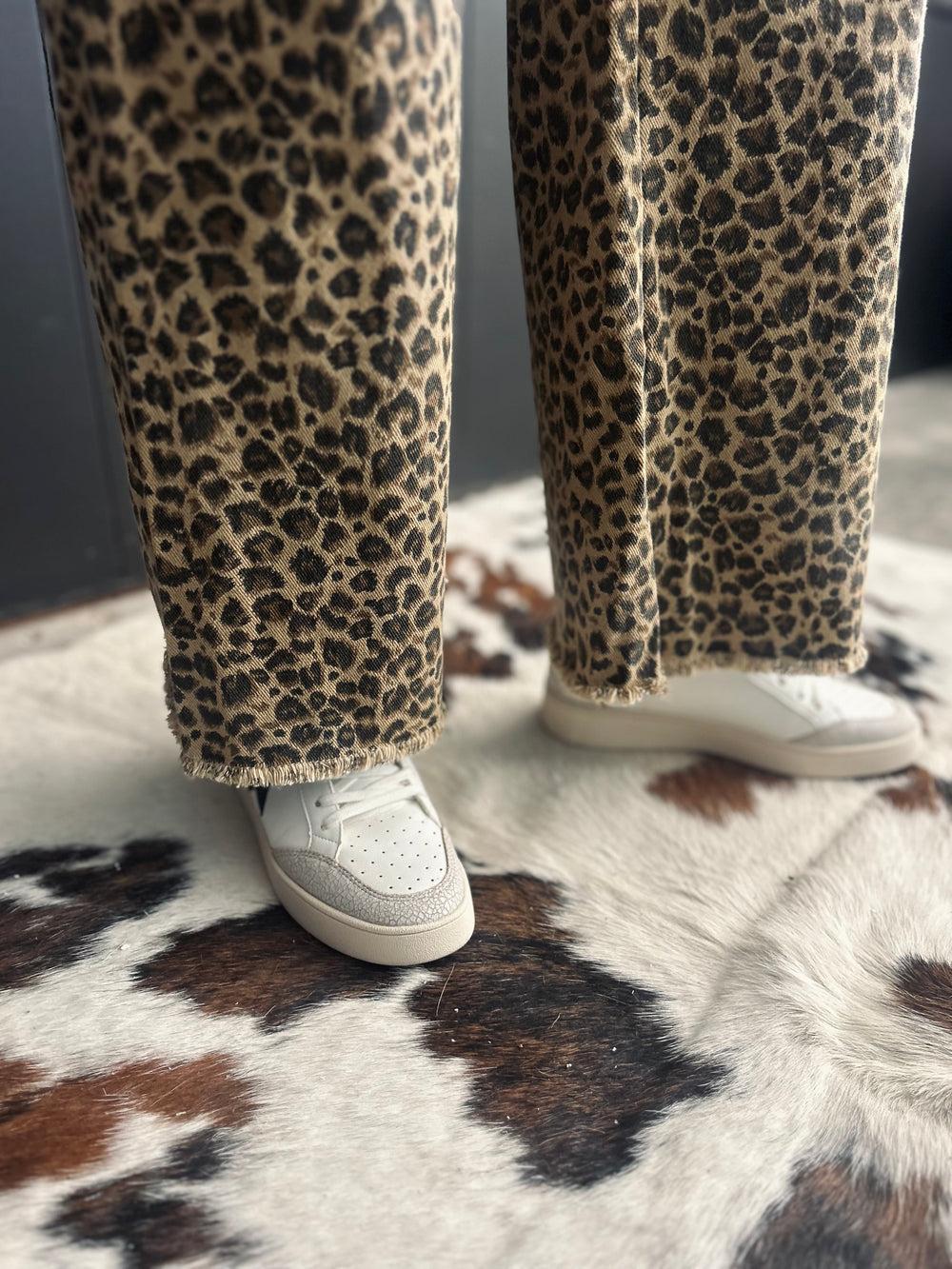 High Rise Leopard Twill Frayed Hem Wide Leg Pants Product Image