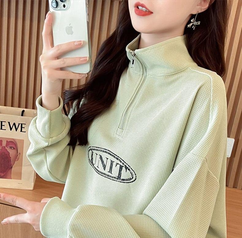Stand Collar Lettering Print Half-Zip Waffle Sweatshirt Product Image