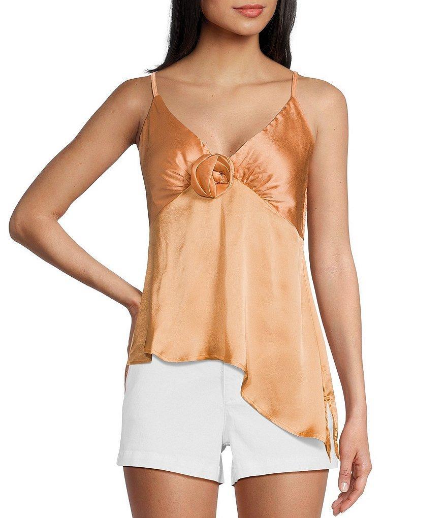 Angie Sleeveless Satin Rosette Trim Tank Top Product Image
