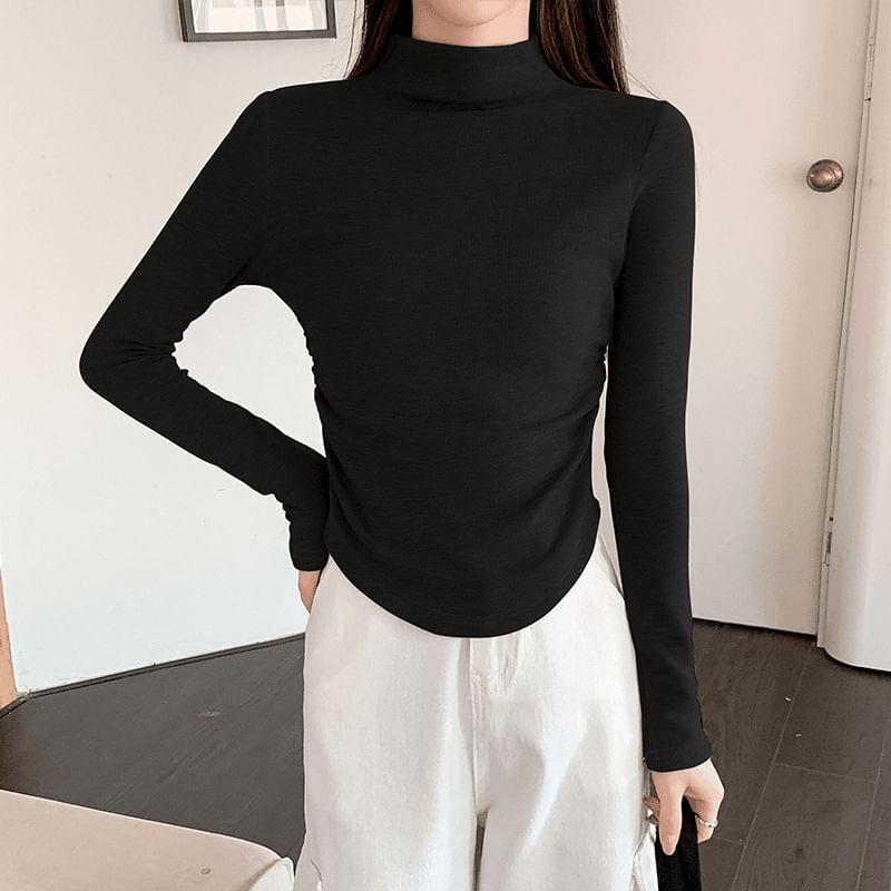 Long Sleeve Turtleneck Plain Ruched T-Shirt Product Image