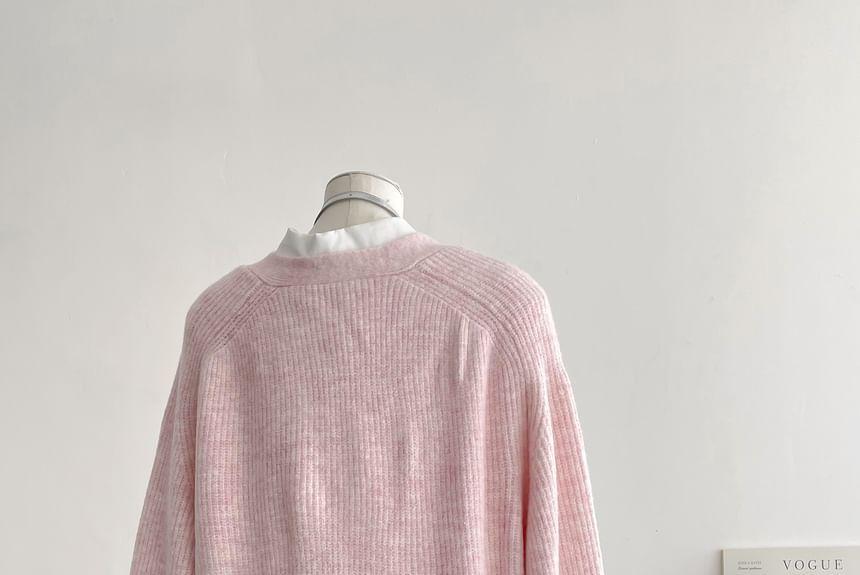 V-Neck Plain Ribbed Cardigan Product Image