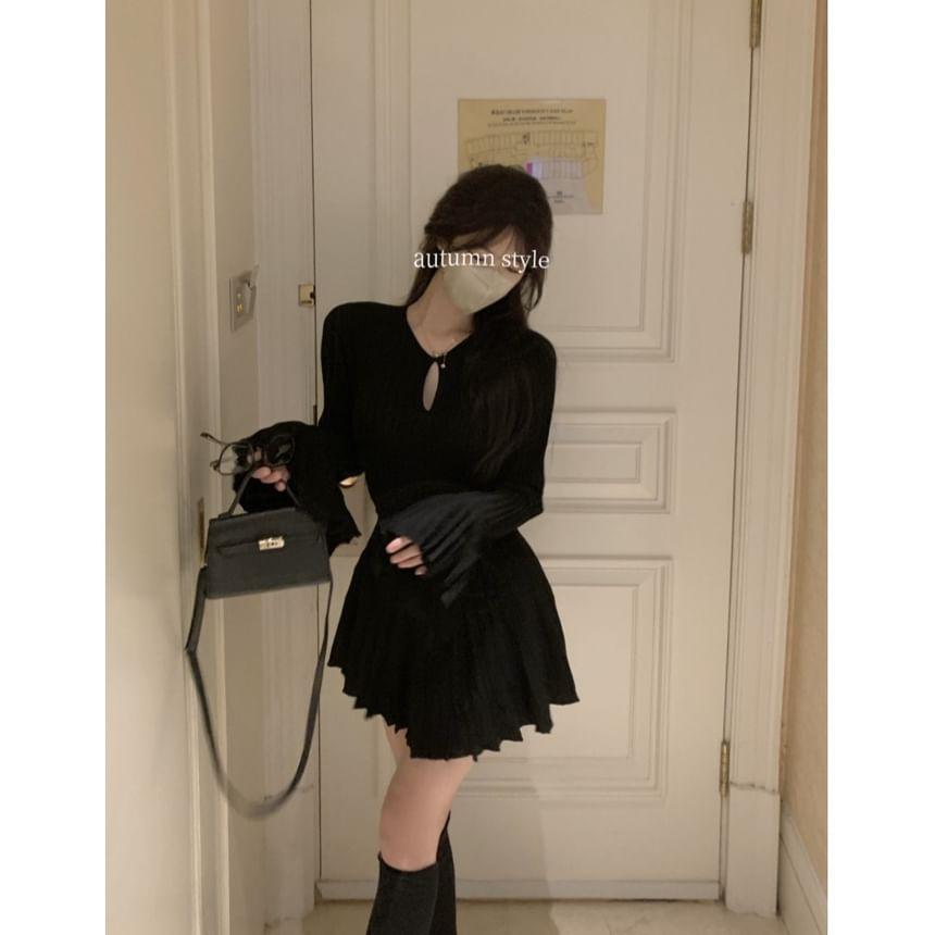 Long-Sleeve Crew Neck Plain Cutout Pleated Mini A-Line Knit Dress Product Image