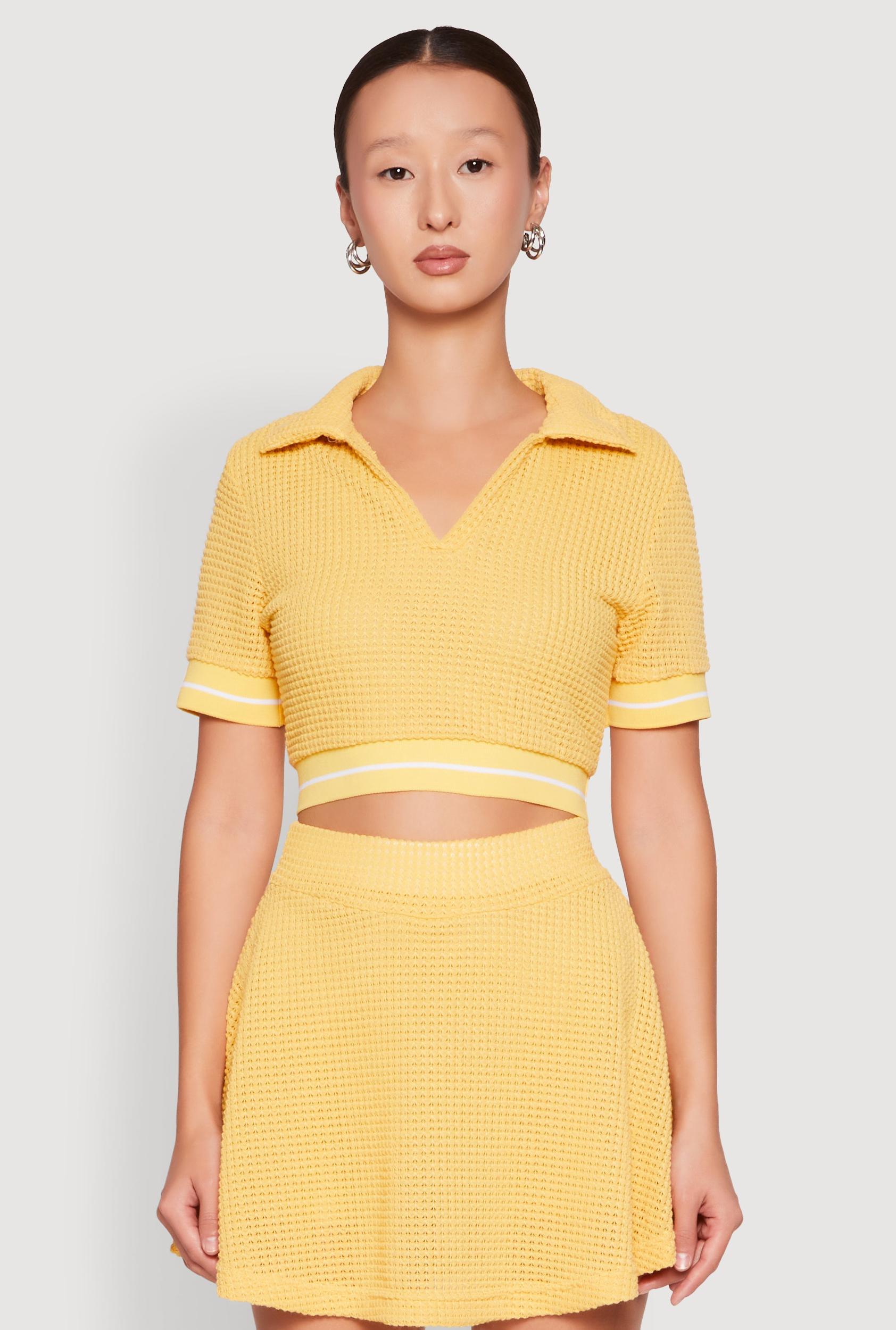 Womens Textured Knit Johnny Collar Crop Top Product Image