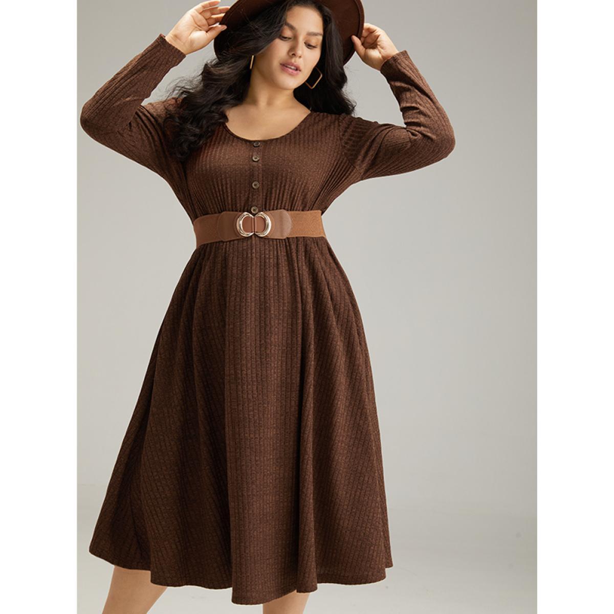Plus Size Rib Knit Button Detail Gathered Dress DarkBrown Women Casual Texture Round Neck Long Sleeve Curvy Midi Dress BloomChic 30/6X Product Image