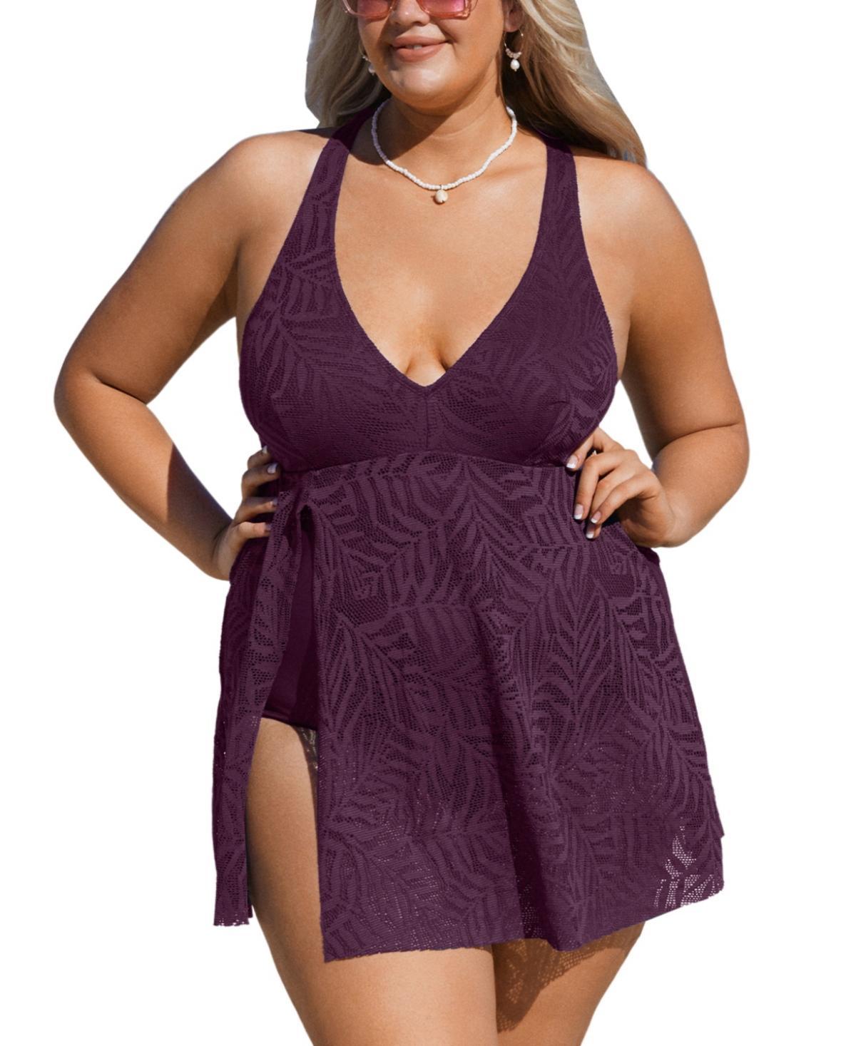 Womens Emerge Crochet Cross Back Plus Size Swim Dress Product Image