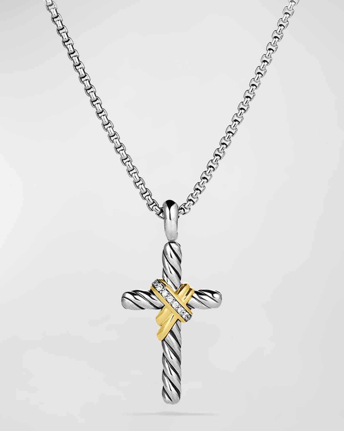 Womens X Cross Necklace in Sterling Silver with 14K Yellow Gold and Diamonds, 31.7mm Product Image