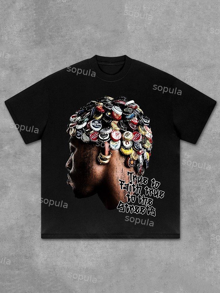 Street Fashion Retro Men's Head Graphic Cotton T-Shirt Product Image