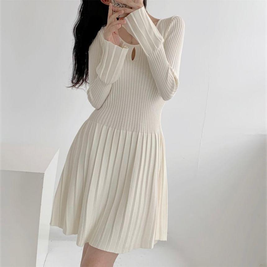 Long-Sleeve Plain Ribbed Keyhole Mini Knit Dress Product Image