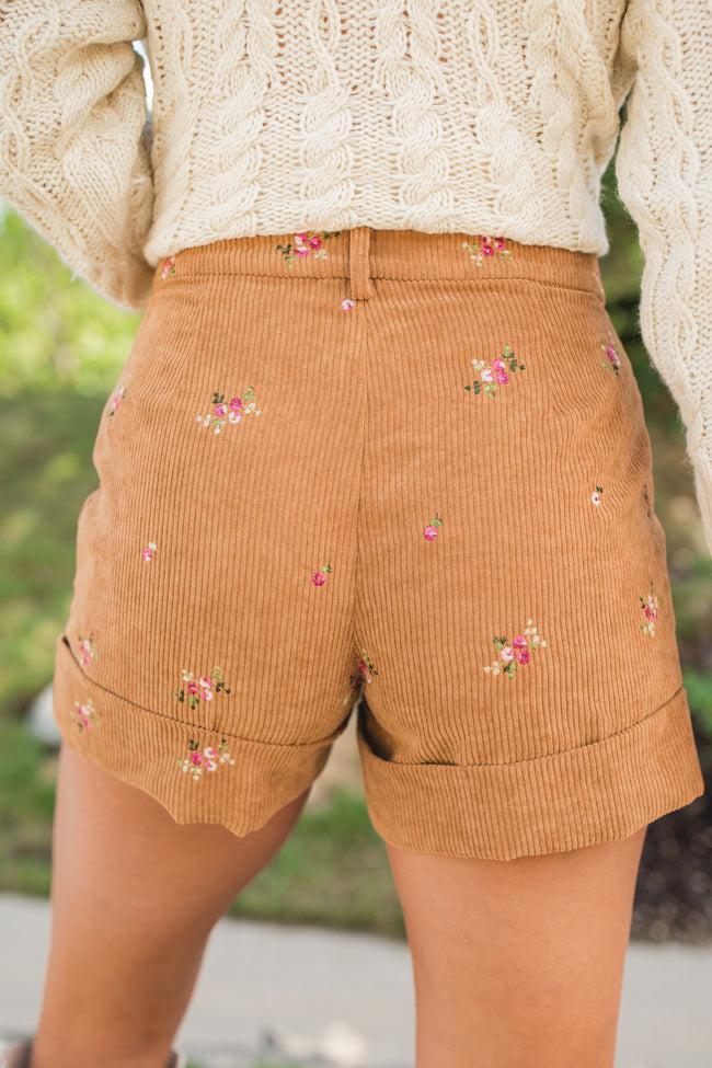 So Glad We're Buds Brown Floral Embroidered Corduroy Shorts FINAL SALE Product Image