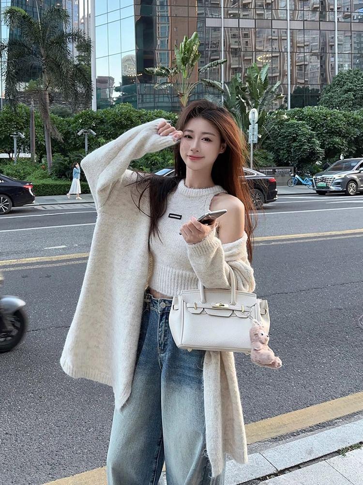 Set: Halter Neck Plain Crop Knit Top + Open Front Oversized Cardigan Product Image