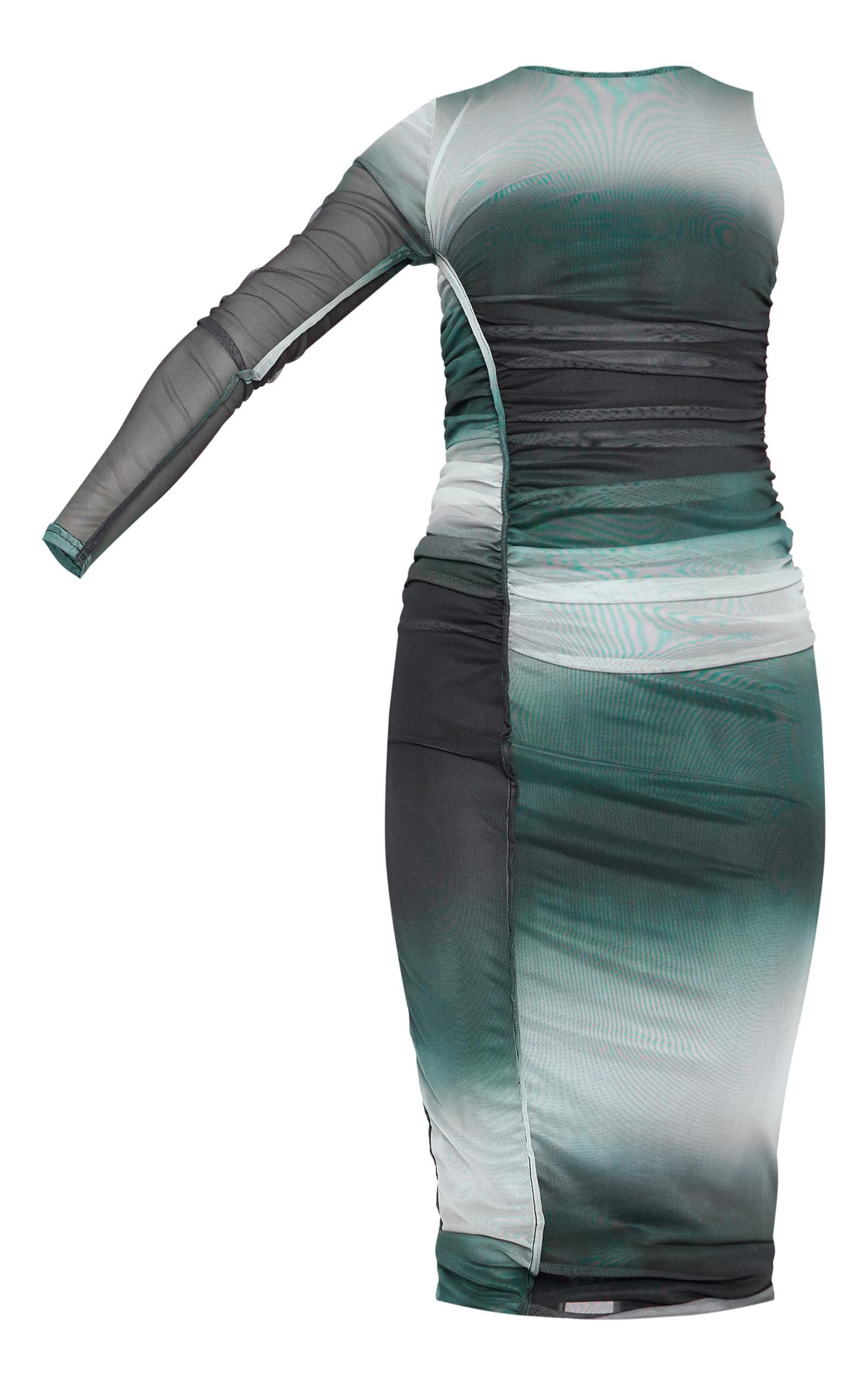 Blue Ombre One Sleeve Ruched Mesh Midi Dress Product Image