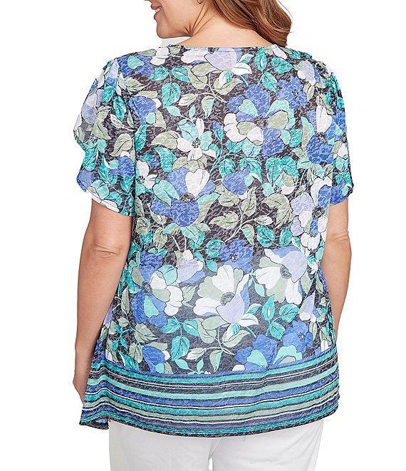 Ruby Rd. Plus Size Jersey Knit Floral Stripe Border Print Round Neck Short Sleeve Sharkbite Hem Top Product Image