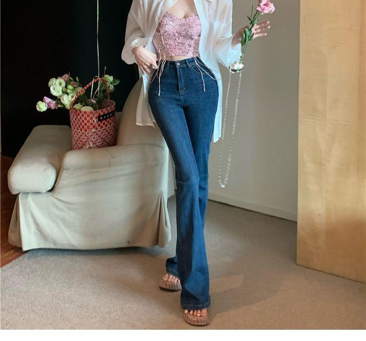 Collared Plain Oversized Shirt / High Waist Washed Flared Jeans Product Image