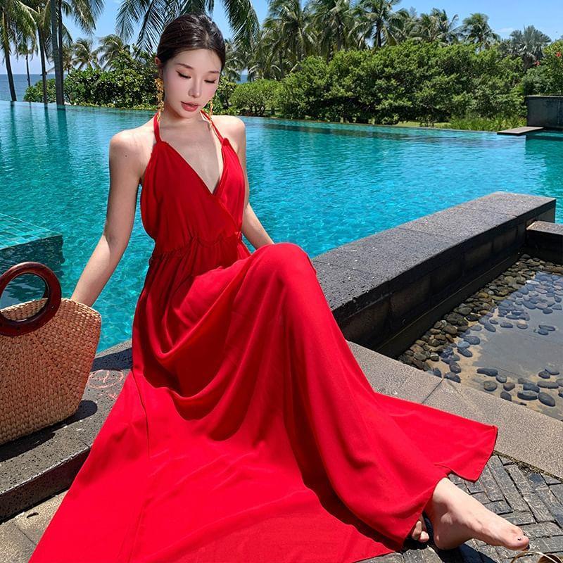Halter Neck Plain Plain Maxi A-Line Dress Product Image