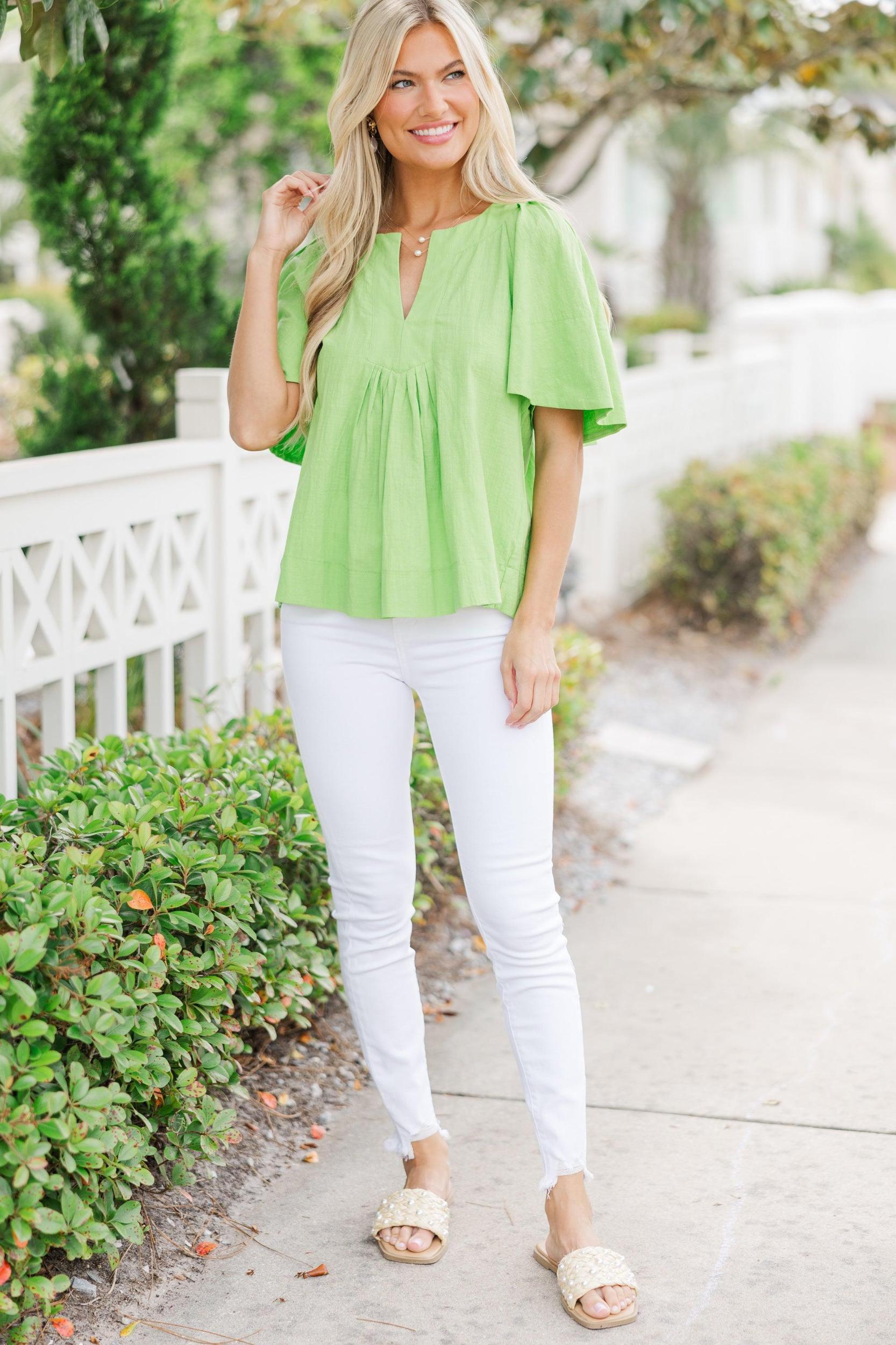 Just A Theory Lime Green Cotton Blouse Female Product Image