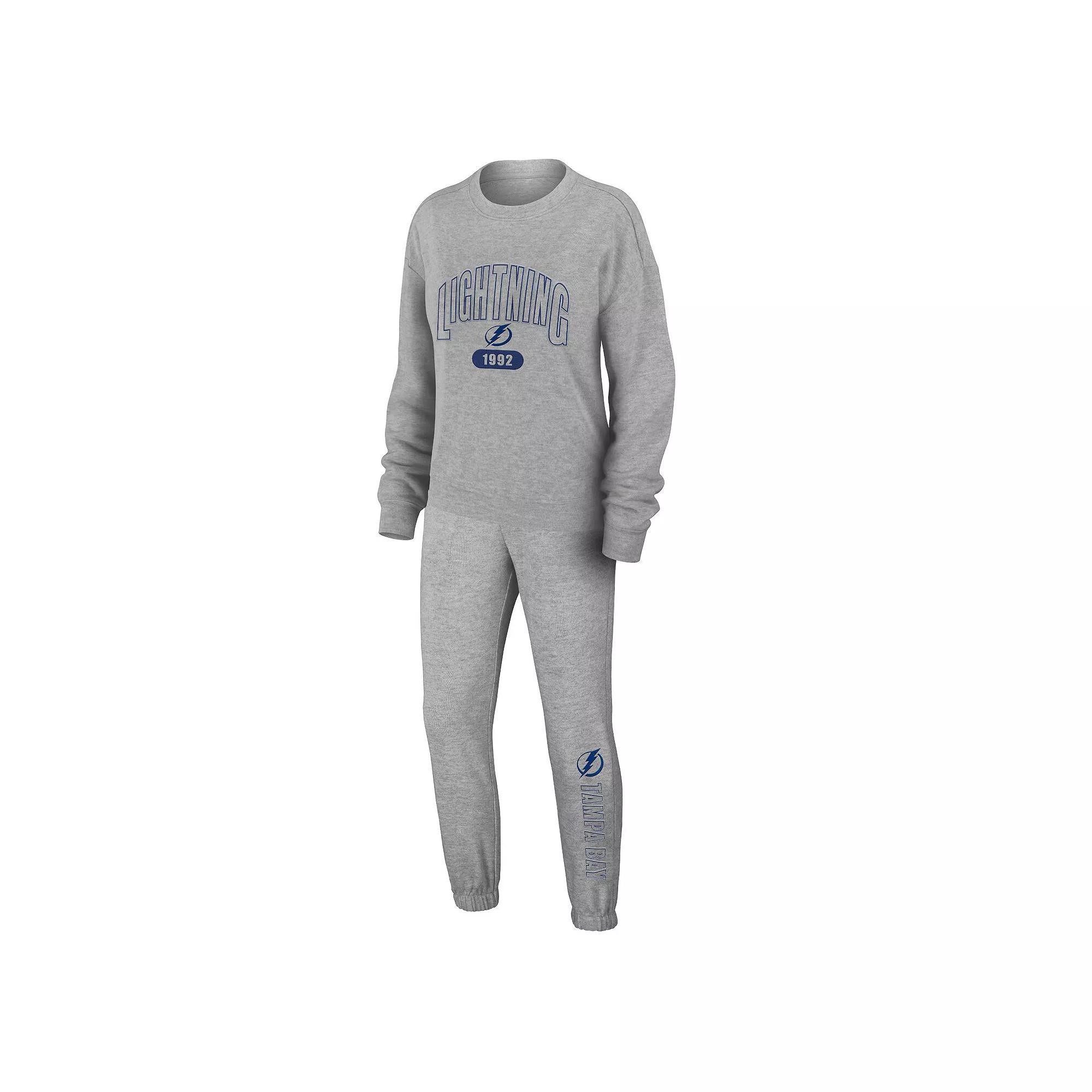 Women's WEAR by Erin Andrews Heather Gray Tampa Bay Lightning Knit Long Sleeve Tri-Blend T-Shirt & Pants Sleep Set, Size: XL, Lgh Grey Product Image