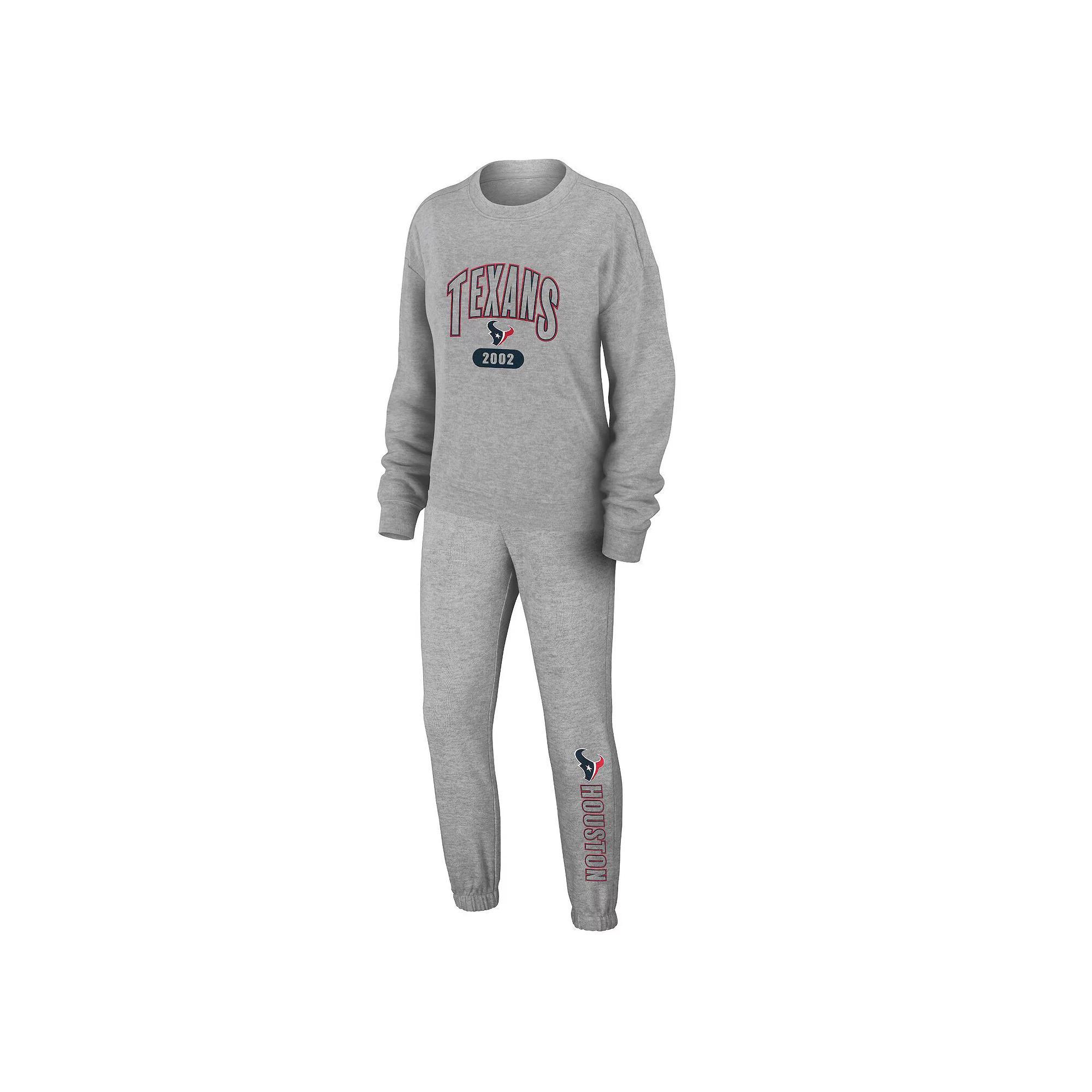 Women's WEAR by Erin Andrews Heather Gray Houston Texans Knit Long Sleeve Tri-Blend T-Shirt & Pants Sleep Set, Size: 2XL, Grey Product Image