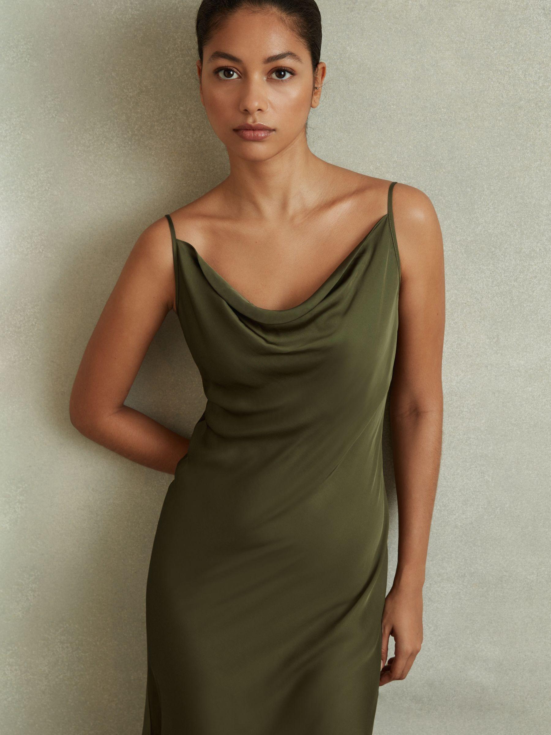 Satin Cowl Neck Midi Dress in Khaki Product Image