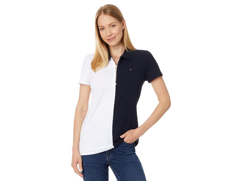 Tommy Hilfiger Short Sleeve Color-Block Zip Polo (Bright White/Sky Captain) Women's Clothing Product Image