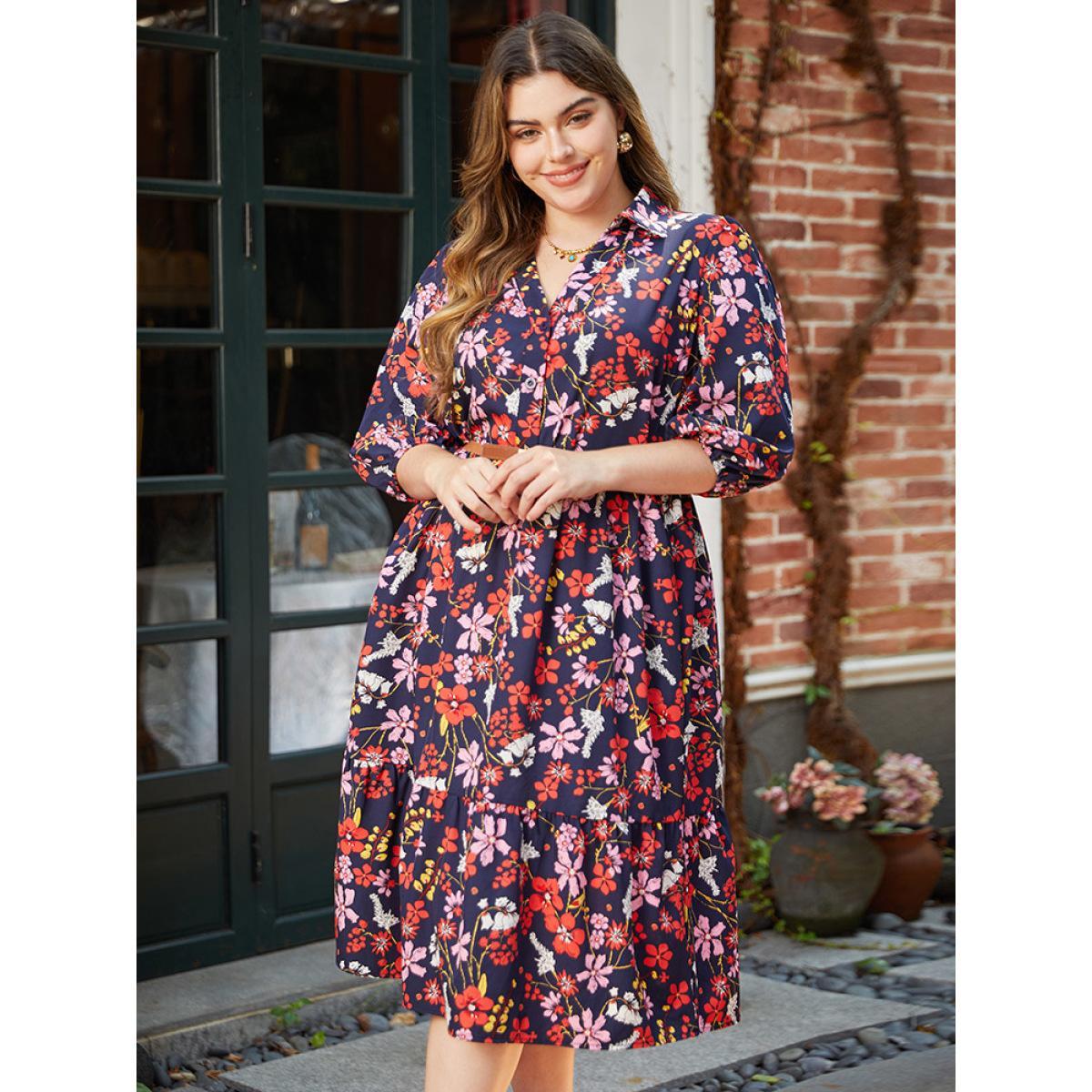 Plus Size Floral Print Shirt Collar Ruffled Hem Dress DarkBlue Women Elegant Elastic cuffs Shirt collar Elbow-length sleeve Curvy Midi Dress BloomChic 22-24/3X Product Image