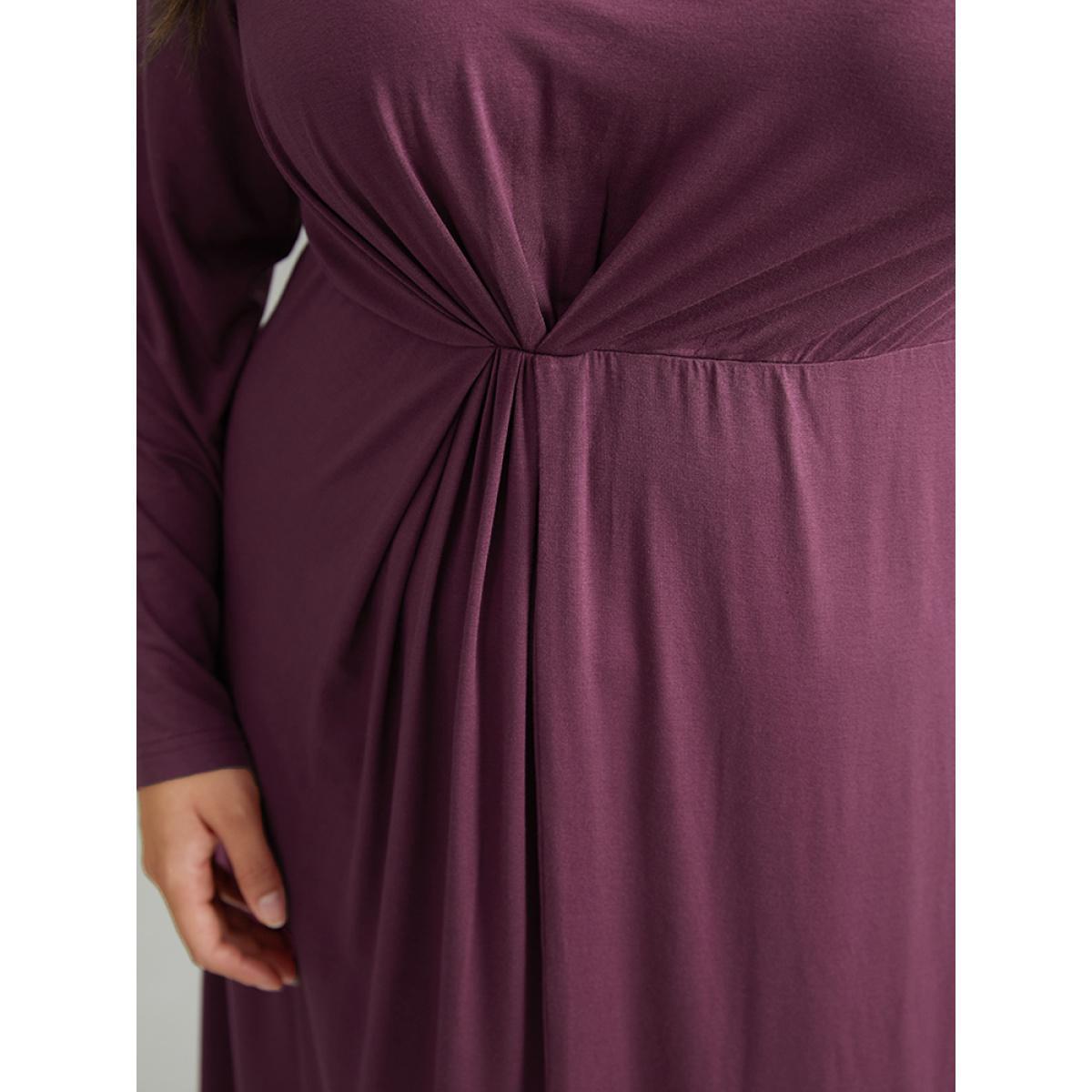 Plus Size Solid Twist Front Gathered Split Hem Dress Mauve Women Office Plain Asymmetrical Neck Long Sleeve Curvy Midi Dress BloomChic 18-20/2X Product Image
