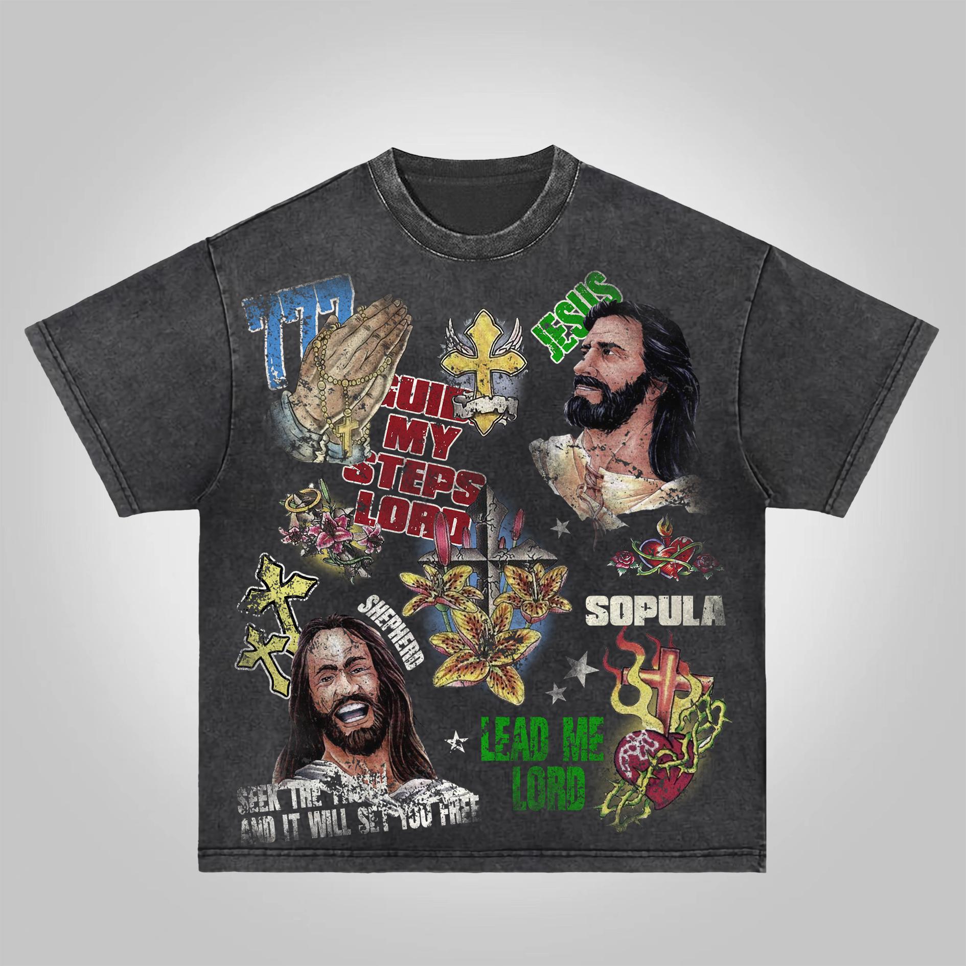 Sopula Jesus Collage Vintage Graphics Acid Washed T-Shirt Product Image