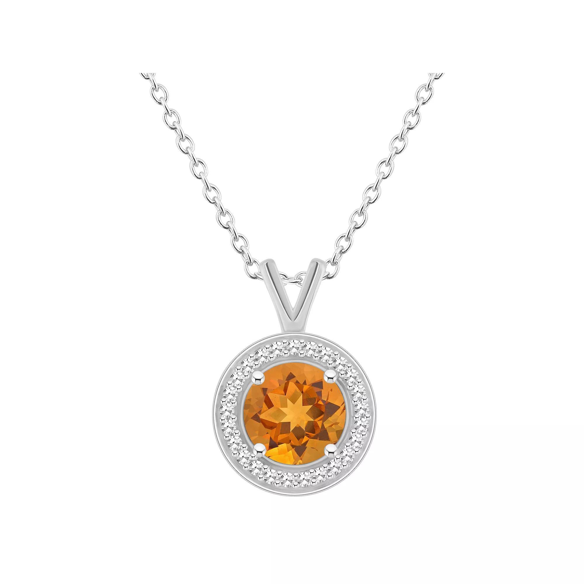 Celebration Gems Sterling Silver Round Gemstone & 1/8 Carat T.W. Diamond Halo Pendant Necklace, Women's, Size: 18", Citrine Product Image