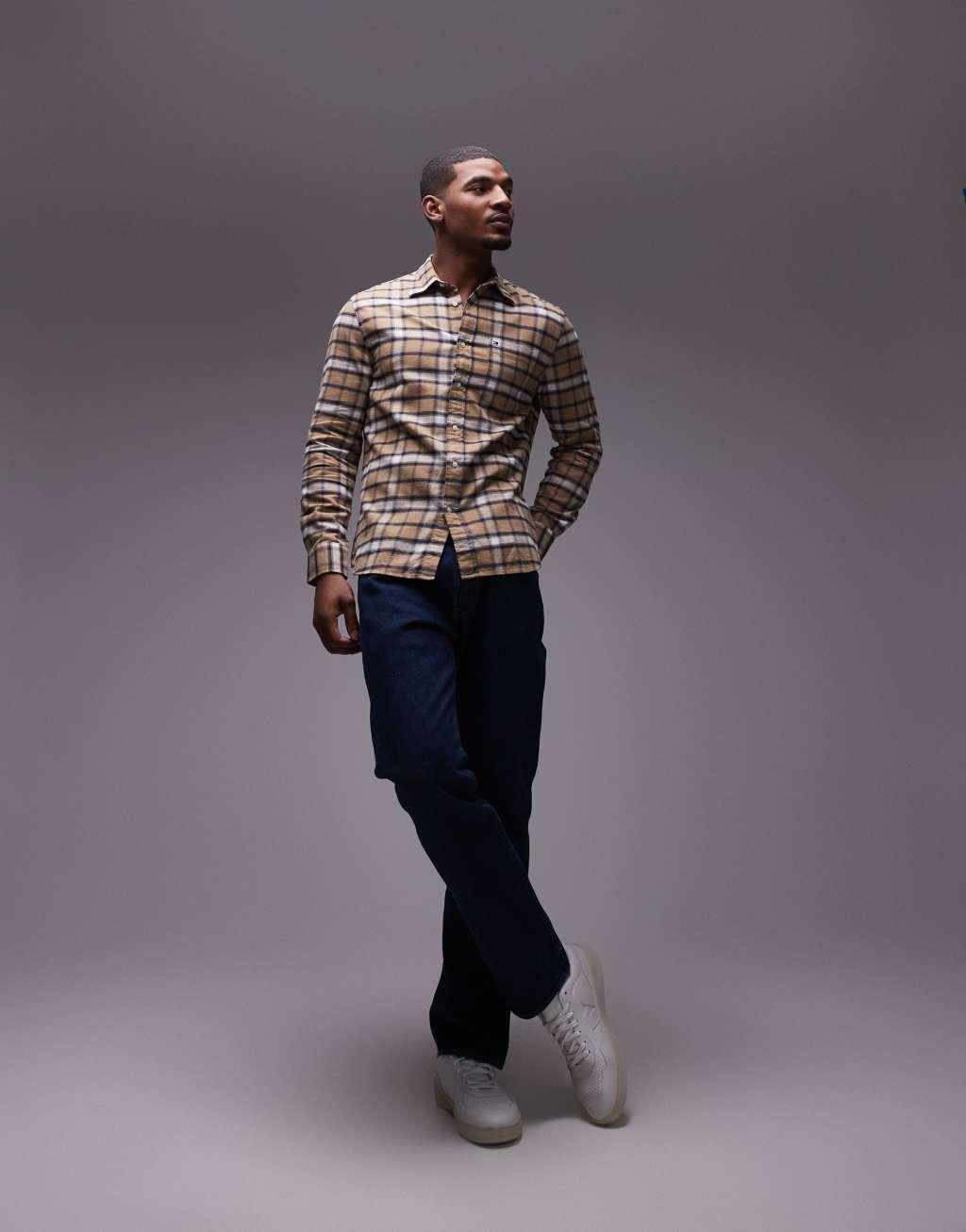 Tommy Hilfiger brushed shadow plaid shirt in tan Product Image