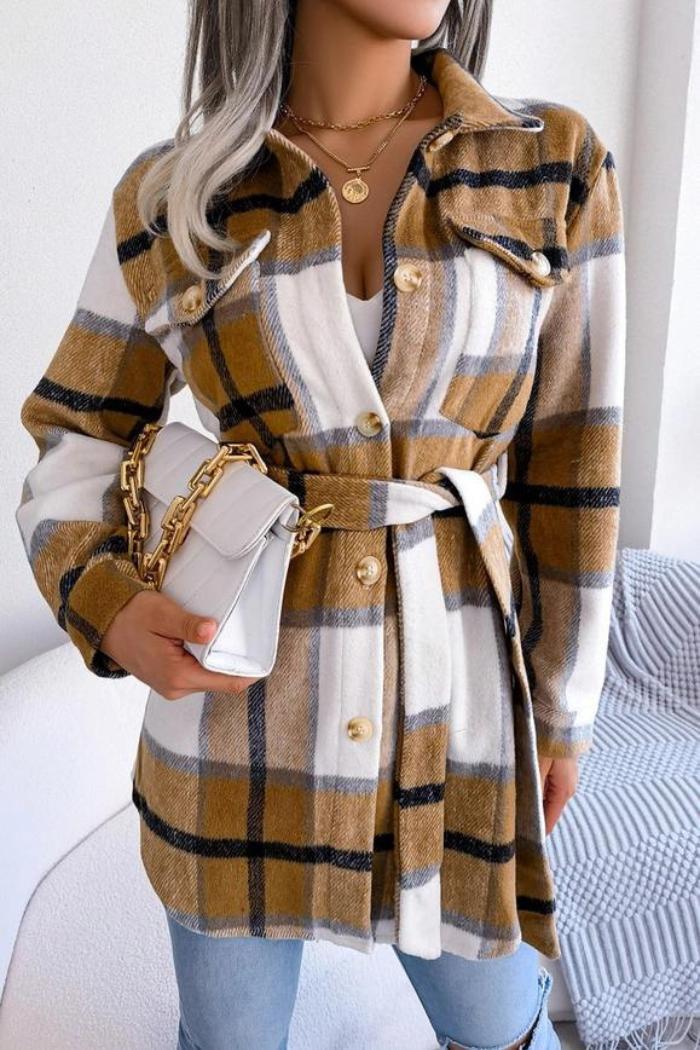 Women Belted Plaid Pattern Button Down Product Image