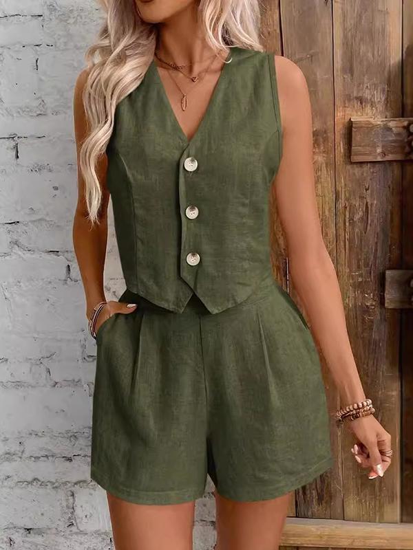 Sleeveless Split-Joint V-Neck Vest + High Waisted Pleated Shorts Two Pieces Set Product Image