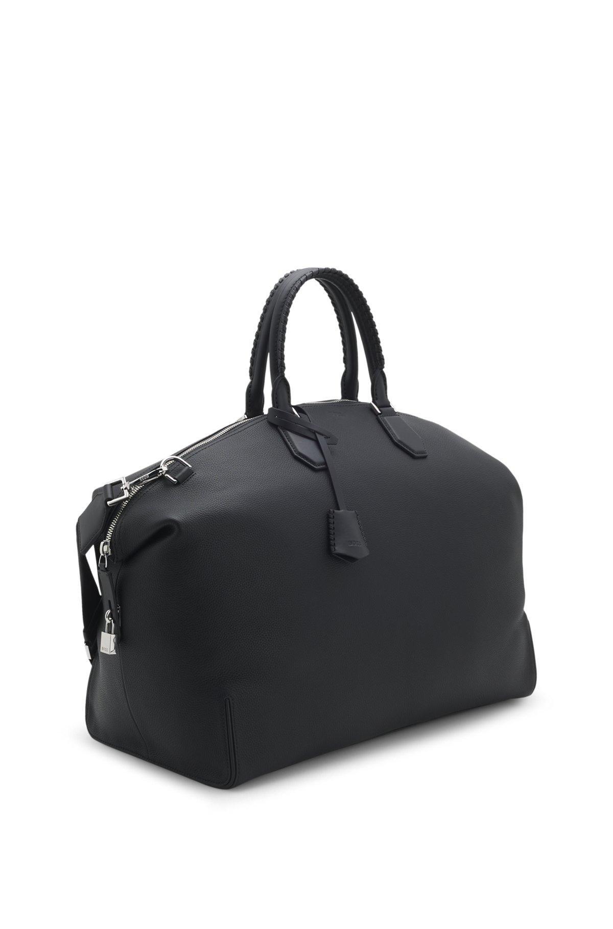 BOSS - Grained-leather holdall with detachable metal padlock - Black Product Image