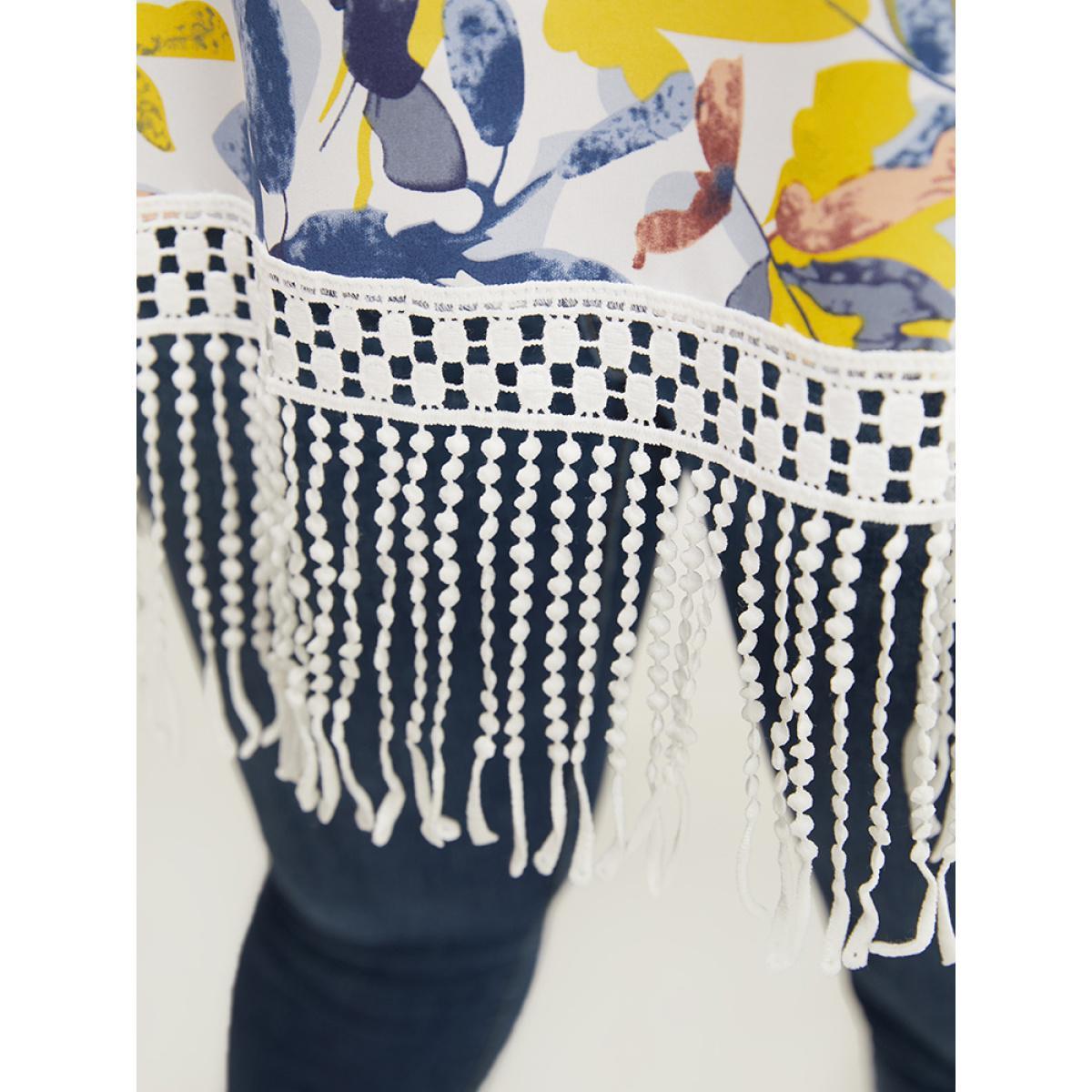 Plus Size Stone Plant Print Ruffle Sleeve Lace Fringe Hem Blouse Women Elegant Short sleeve Round Neck Dailywear Blouses BloomChic 12/L Product Image