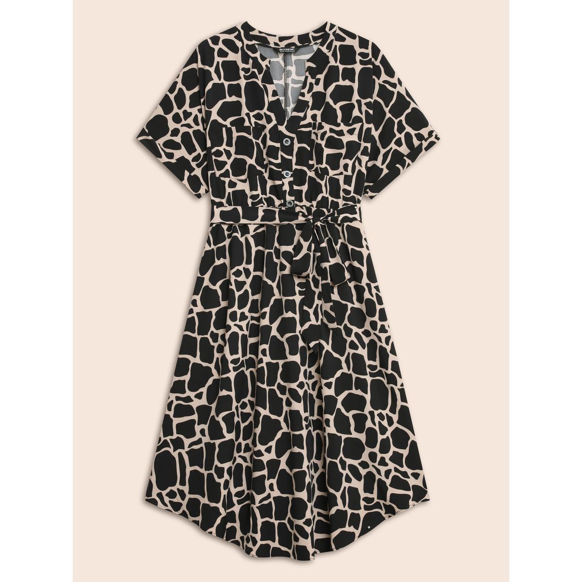 Plus Size Geometric Notched Patched Pocket Belted Dress Tan Women At the Office Belted Flat collar with V-notch Short sleeve Curvy BloomChic 12/L Product Image