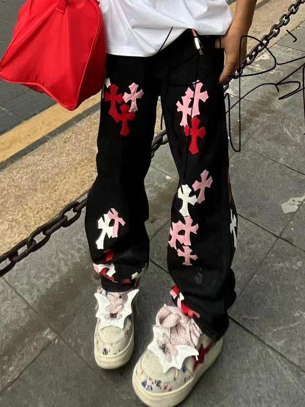 Men's Cross Patch Leather Loose Jeans Product Image
